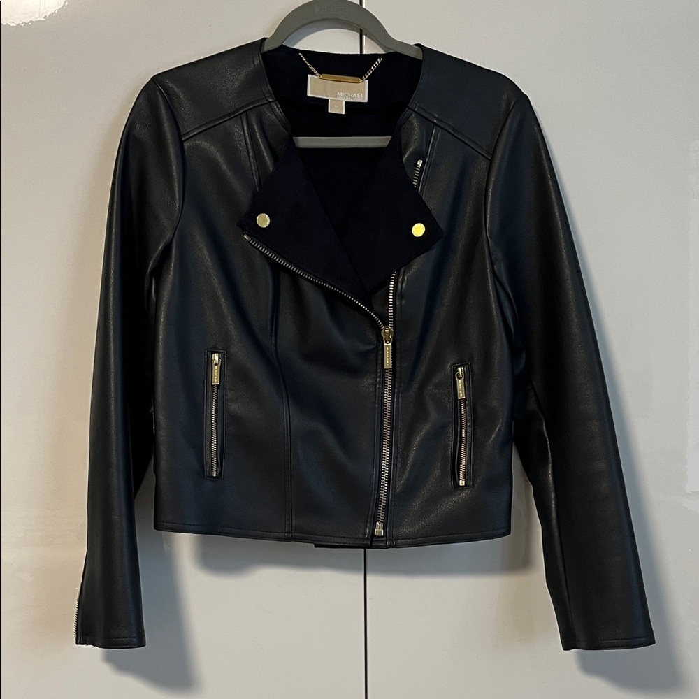 NWOT MICHAEL KORS Navy Faux Leather Moto Jacket Gold Button, Size M